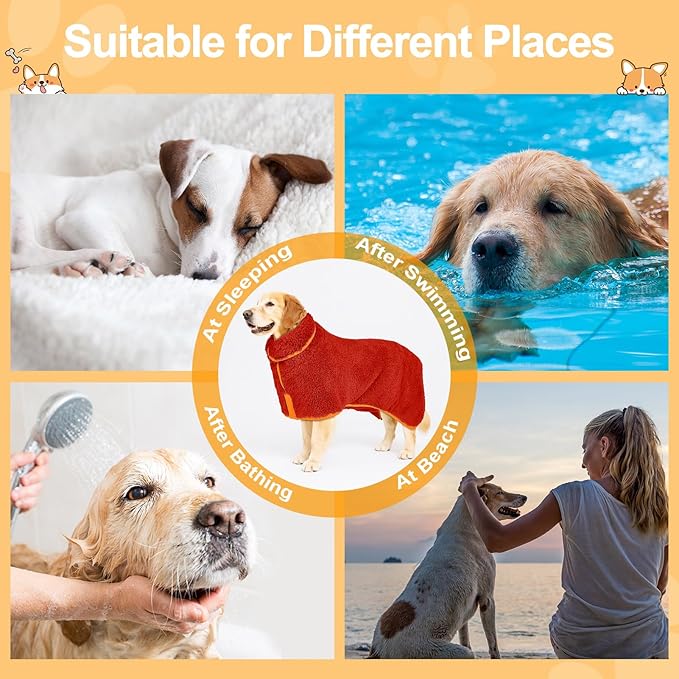 Bienbee Dog Bathrobe, Quick Drying Super Absorbent Dog Robes for After Bath, Warm Keeping Dogs Towel, Dogs Bath Supplies, Bright Red XXL
