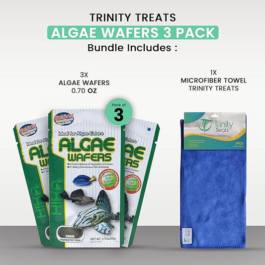 Algae Wafers 0.70 oz (Pack of 3) Fish Food Including Trinity Treats Microfiber Cleaing Cloth(Algae Wafers Fish Food)