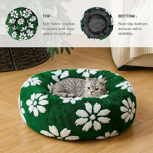 Donut Dog Beds for Small Dogs, Calming Round Cat Beds for Indoor Cats, Cute 3D Textured Flower Pet Bed with Removable Washable Cover and Anti-Slip Bottom(Green,23")