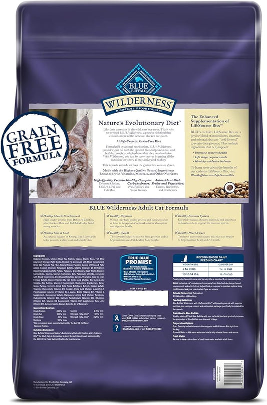 Blue Buffalo Wilderness Natural Adult Dry Cat Food, High-Protein and Grain-Free Diet, Supports Healthy Muscle Development and a Healthy Immune System, Chicken, 12-lb. Bag