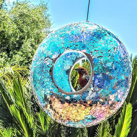 Topadorn Mosaic Bird Feeder Fly Through Hanging Birdfeeder for Wild Bird, 9-Inch Blue Bird Feeder for Gardens, Yards, Decks to Attract Wild Birds