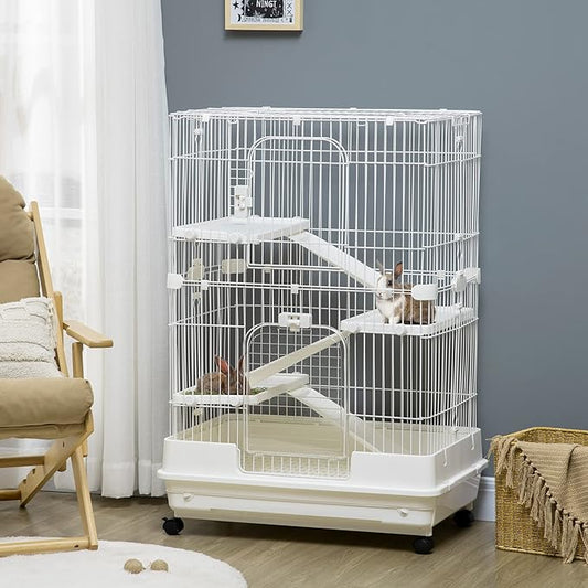 PawHut 4-Level Small Animal Cage Rabbit Hutch with Wheels, Removable Tray, Platform and Ramp for Bunny, Chinchillas, Ferret, White