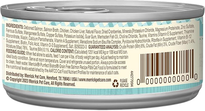 Merrick Purrfect Bistro Grain Free Premium Soft Canned Pate Adult Wet Cat Food, High Protein Salmon Recipe - (Pack of 24) 3 oz. Cans