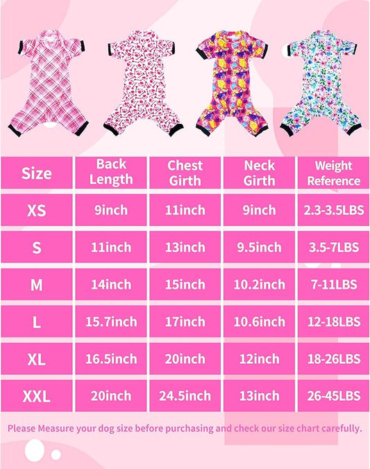 PET SHOW 4 Pack Small Dog Pajamas Cute Paw Bone Clothes for Medium Dogs Soft Stretchy PJs Plaid Jumpsuit Puppy Cats Floral Fruits Onesies Outfits with Sleeve Pets Dachshund Costume(L, Pink for Girls)