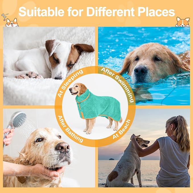 Bienbee Dog Bathrobe, Quick Drying Super Absorbent Dog Robes for After Bath, Warm Keeping Dogs Towel, Dogs Bath Supplies, Lake Green XL