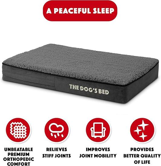 The Dog’s Bed Orthopedic Memory Foam Dog Bed, Small Grey Plush 28x19, Pain Relief for Arthritis, Hip & Elbow Dysplasia, Post Surgery, Lameness, Supportive, Calming, Waterproof Washable Cover