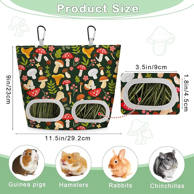 Glittme 2 Pack Guinea Pig Hay Feeder, 11.5x9 Inch Hay Bag for Rabbits, Hanging Hay Holder for Guinea Pigs Cage Hay Feeder for Bunny, Small Pets,Green Mushroom