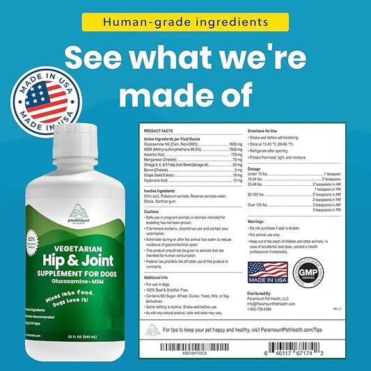 Plant-Based Liquid Glucosamine for Dogs, 1600mg Joint Support with Chondroitin, MSM & Omega 3-6-9, Shellfish-Free Dog Arthritis Supplement for Mobility & Flexibility, Made in USA, 32 oz