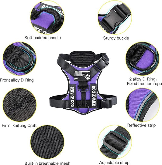 Demigreat Service Dog Harness, Reflective Dog Vest Harness with 5 PCS Patches, Adjustable Soft Oxford Pet Harness, Inner Layer Mesh, Easy to Control for Dogs