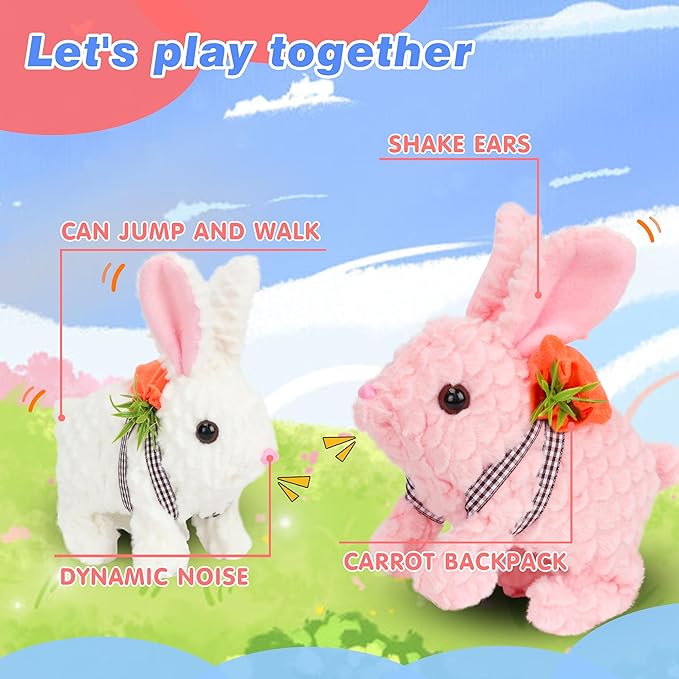 Hopearl Hopping Rabbit with LED Ears Carrot Backpack Interactive Plush Bunny Toy with Sounds Animated Walking Wiggle Light up Ears Twitch Nose Gift for Toddlers, White, 7''