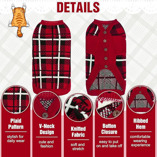 EXPAWLORER Cat Sweater Cardigan - Stylish Knit Cat Clothes, Plaid British Style Soft Puppy Sweater with Sleeve, Warm Pet Clothing Knitwear, Fall Winter Kitten Coat for Girl Boy Cats, Red L