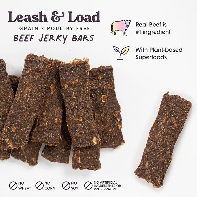 Leash & Load Dog Treats Beef Jerky Snack Bars, 16 oz Bag, Puppy Training Treats, Natural Superfood Grain Free Treat Made with Real Beef, Superfoods, Corn, Poultry & Soy Free