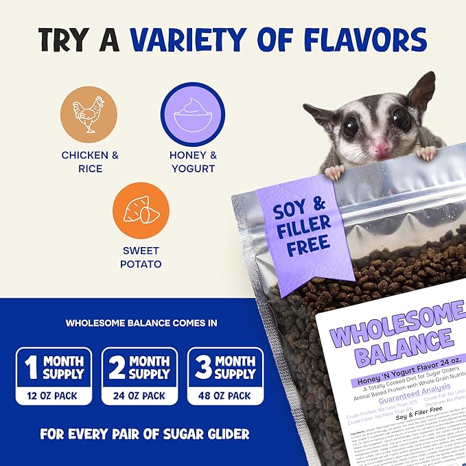 Wholesome Balance Sugar Glider Food - Honey & Yogurt | 1.5 lbs of Premium Dense Food for Sugar Gliders and Small Animals - 2 Months Supply