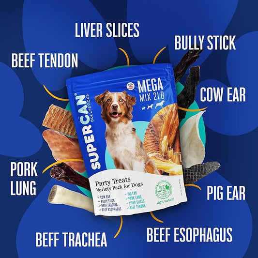 Supercan Mega Mix (2lb/32oz) Bargain Bag Treats for Dogs, All-Natural Premium Hand Selected Chews for Puppy/Large/Medium/Senior Dogs, Healthy & Natural Source of Vitamin A, B6, B12, Protein SUPERFOOD