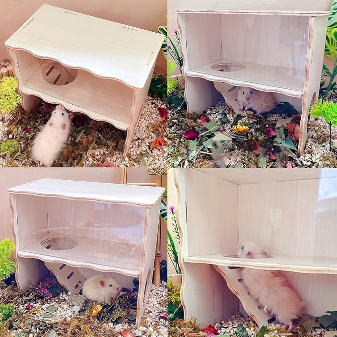 Double-Decker Hamster Hides, Wooden Hamster Hut, Syrian Hamsters Hideout with Acrylic Panel for Clear Observation, Detachable Gerbil Mouse House with Installation Instruction