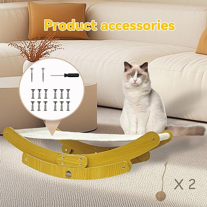 Sisal Cat Scratcher for Indoor Cats, Rocking Beds and Fixed Beds 2-IN-1Cat Hammock for Scratching Pad Cat Bed, Include 2 pcs Nartural Sisal Mats for Large Cats Scratcher Lounge, Wooden Cat Furniture