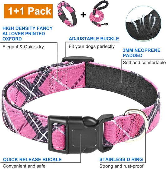 Nylon Dog Collar Soft Neoprene Padded Adjustable Dog Collars for Small Medium Large Dogs (L Neck 18.5"-23.5", Pink)