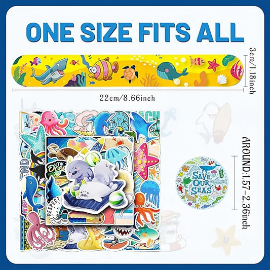 74PCS Ocean Sea Animals Party Favor 50PCS Snap Party Stickers&24PCS Slap Bracelets Under the Sea Animals Birthday Supplies Team Gift Fillers School Rewards Supplies