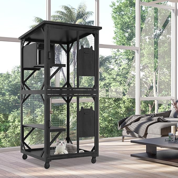 ROOMTEC Catio Outdoor Enclosure With Roof - 71" Height Wooden House, Large Cage With 3 Jumping Platforms and 1 Napping House for Cat Activity (Black)