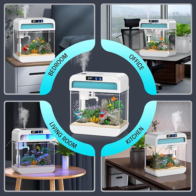 Fish Tank 2.2 Gallon Aquarium Tank Kit,with 3 Color Auto-Looping Light,Fish Bowl with Humidifier Pump,Fish Tank Small Aquarium,Temperature Display, Humidifier Function for Aquariums Starter Kits