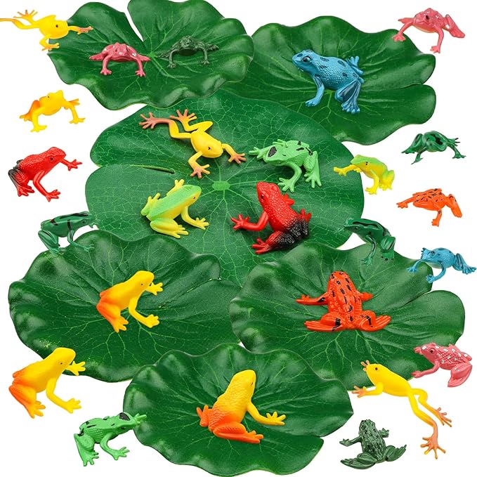 24 Pieces Mini Plastic Frog Toys and Artificial Lily Pads, Include Colorful Realistic Frogs Rainforest Animals Figures Character Toys and Floating Foam Leaves for Pool Decor Party Favor