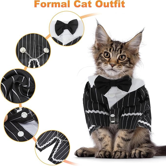 Cat Apparel, Stylish Tuxedo Outfit for Kitty with Tie, Black Stripes Pet Outfits for Wedding, Birthday, Party, Small