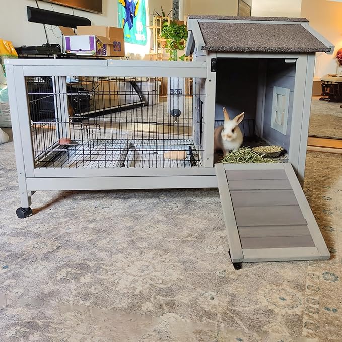 GUTINNEEN Rabbit Hutch Indoor Bunny Cage Outdoor Wooden Guinea Pig Cage Bunny House with Removable Metal Wire Floor, Lockable Caster Wheels, Leakproof Plastic Tray for 1-2 Rabbits, Small Animals