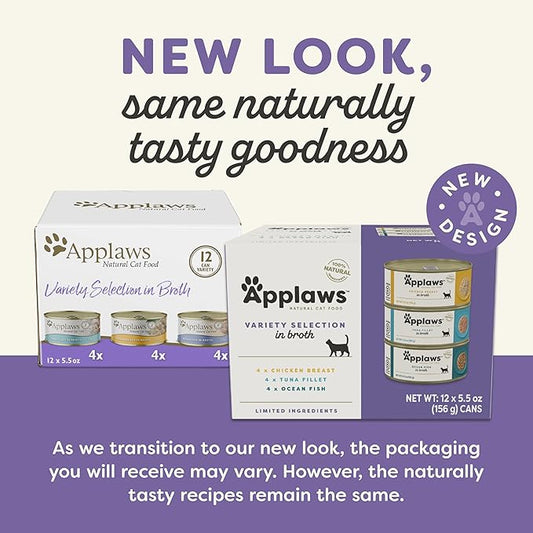 Applaws Natural Wet Cat Food in Broth, Limited and Natural Ingredients, High Protein with No Artificial Additives, Variety Pack in Broth (12 x 5.5oz Cans)