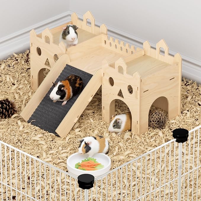 Guinea Pig Hideout House, Advanced Wooden Hamster House with Climbing Ladder & Multi-Holes, Bunny Castle Tower Toy for Guinea Pig Chinchilla Gerbil Hedgehog Small Animal House Habitat Hut 