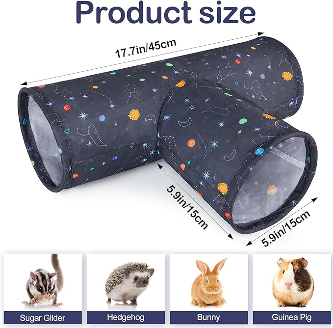 Bienbee Guinea Pig Tunnel, 3 Way Washable Guinea Pig Hideout,Foldable Rabbit Tunnel Guinea Pigs Toys for Bunny Hamster Chinchilla Ferret Rabbit Guinea Pigs Accessories Planets