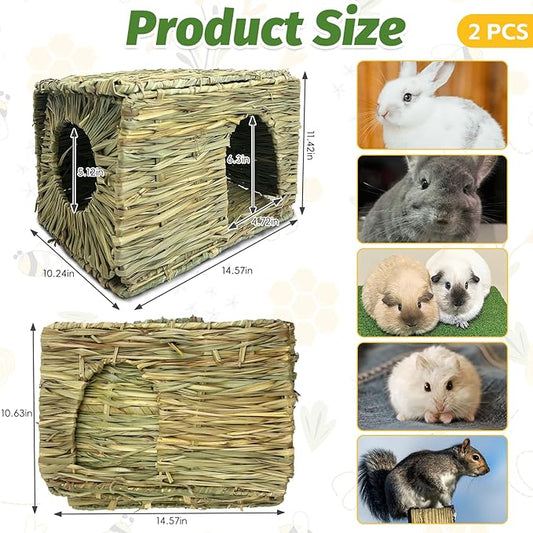 Hamiledyi 2 Pack Large Rabbit Grass House Hand Woven Natural Bunny Hut Foldable Play Bed Safe Cozy Hideaway Hay Mat Chew Toys for Hamster Guinea Pig Chinchilla Gerbil Ferret