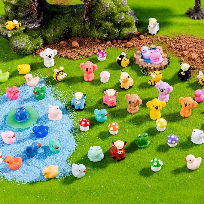 52pcs Mini Resin Animal Figures Bulk Duck Mushroom Frog Tiny Resin Animals Little Small Figures Miniatures for Party Favors Bag Fillers Dollhouse Decor