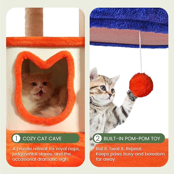 74IN Cat Tree Tower for Indoor Cats, Multi-Level Cat Condo with 3 Houses, Sisal Scratching Posts, Plush Perches, Jump Platforms and Hanging Ball Toy, Cat Furniture for Multi-Cat Family