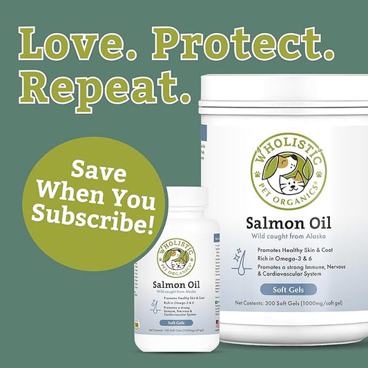 Wholistic Pet Organics Wild Alaskan Salmon Oil for Dogs - 500 Soft Gels - Rich Omega 3 Fish Oil with EPA & DHA for Skin, Coat, Joint, and Heart Health - Choice for Dog Skin & Coat Care