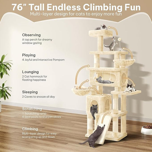 76in Cat Tree for Indoor Large Cats, Tall Cat Tower with Scratching Posts, Cat Tree Tower w/Hanging Balls, Multi-Level Condo Cozy Hammock, House, Large Activity Center, Beige