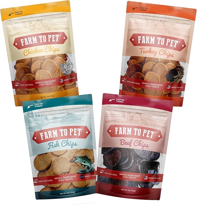 Farm To Pet - Dog Training Treats - Chicken, Turkey, Beef and Fish Chip Protein Pack - 100% All Natural, Single Ingredient Training Treats for Small, Medium, and Large Dogs - Made in USA