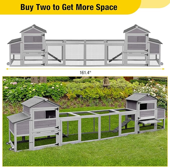 Aivituvin Chicken Coop On Wheels Mobile Hen House Outdoor Wooden Poultry Cage with Run for 2-4 Chickens, UV Protection, Nesting Box, Pull-Out Tray (Gray)
