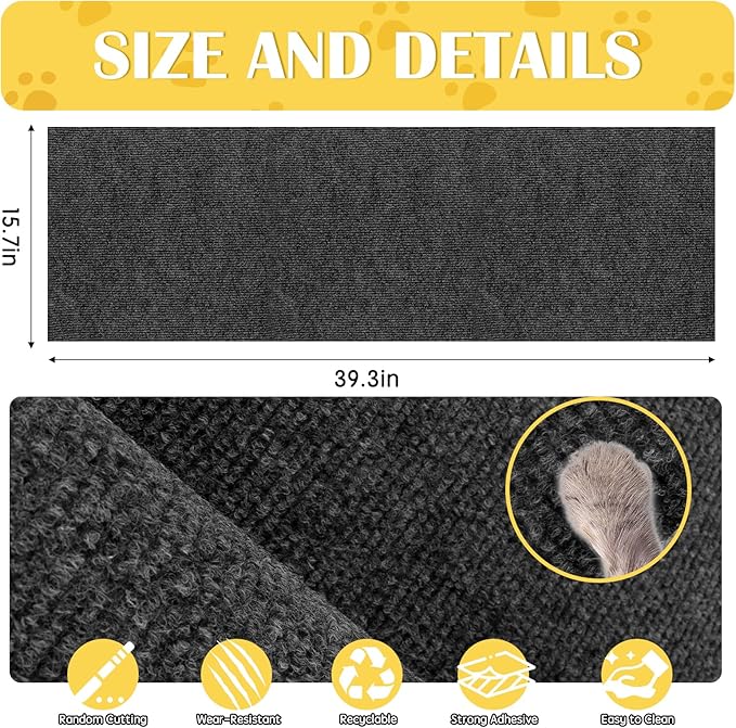 Self-Adhesive Cat Scratch Mat Trimmable Cat Scratching Post Carpet 39in Durable Carpet Mat Pad Replacement for Cat Tree Shelves Post Couch, Furniture, Walls & Doors DIY Cat Climbing Mat(Dark Gray)
