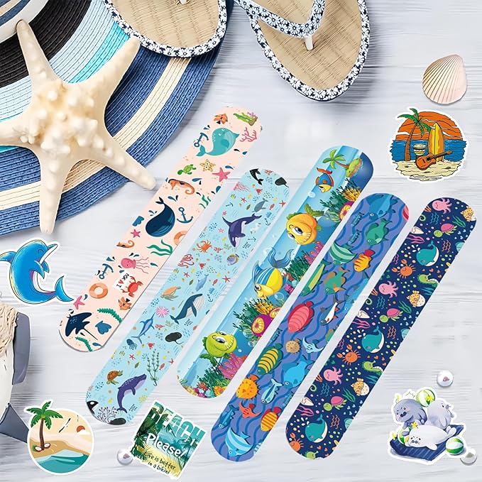 74PCS Ocean Sea Animals Party Favor 50PCS Snap Party Stickers&24PCS Slap Bracelets Under the Sea Animals Birthday Supplies Team Gift Fillers School Rewards Supplies