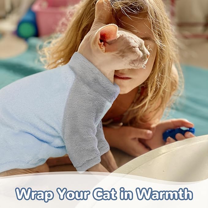 PUMYPOREITY Turtleneck Sweater for Sphynx Cat, Soft Coral Fleece Cat Clothes, Thick Winter Warm Outfit Coat with Sleeves, S, Blue