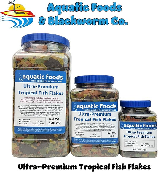 Aquatic Foods Inc. Ultra-Premium 8-Type Special Blend of Tropical Fish Flakes for Discus, Cichlids, Angel Fish, Guppies. Tetras, All Tropicals. AF Flakes…2oz Small Jar