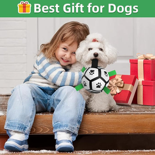 QDAN Dog Toys Soccer Ball with Straps, Interactive Toys for Tug of War, Puppy Birthday Gifts, Dog Water Toy, Durable Balls World Cup for Small Dogs(5 Inch)