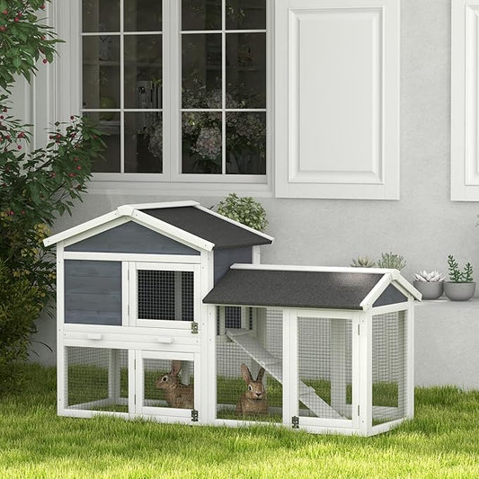 PawHut 58" Large Rabbit Hutch Outdoor Indoor, Wooden Bunny Hutch, Guinea Pig Cage with Run, Removable Tray, Asphalt Roof, Lockable Doors and Ramp, for 1-2 Small Rabbits, Gray