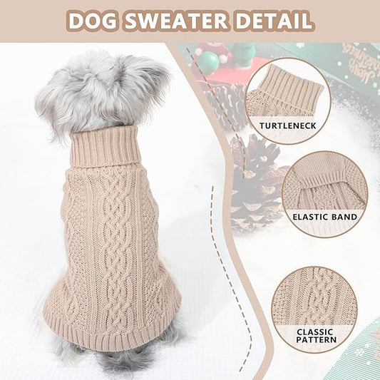 Dog Sweaters for Small Dogs Winter Dog Clothes Turtleneck Knit Puppy Sweater Warm Chihuahua Clothes Cat Sweater Frenchie Doggy Pullover Outfit with Twisted Design(Beige, Small)
