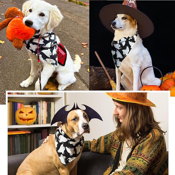 Dog Halloween Costumes Bandanas Black Ghost Spooky Holiday Bandana with Snap Button, Triangle Cat Neck Scarf, 5-30lbs, Small and Medium Breed