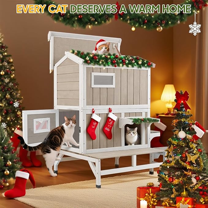 Outdoor Cat House Weatherproof with Balcony Outside Wooden Feral Cat Shelter with 3 Jumping Platforms and Openable Asphalt Roof for Cats and Small Animals