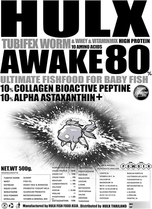 HULX Awake Goldfish Food Sinking for Big Muscle & Mass Weight Gain, Whey Mixed High Protein 60% Fish Food Growth Fast Formula 500 Gram, Healthy, Color Enhancing Clear Water Fish Feed