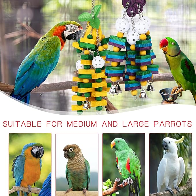 2-Pack Natural Wood Bird Toys for Parrots – Chew & Climb Toys for Medium to Large Parrots, Macaws, African Greys & Cockatoos – Durable Enrichment Toys for Beak Exercise & Mental Stimulation