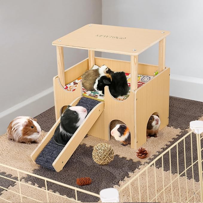 Large Wooden Guinea Pig Hideout - 2 Tierd Sturdy Guinea Pig House Castle, Small Animal Bed with Stairs, Easy to Install for Hamsters Chinchillas Bunny Playing Hiding