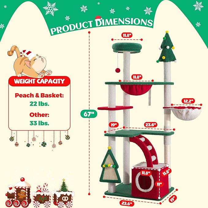 SHA CERLIN 67in Tall Cat Tree/Climbing Tower with Top Perch, Hammock, Sisal Scratching Posts/Cute Condo for Indoor Kitties/Pet Feline House/Activity Center/Christmas Decor/Green & Red